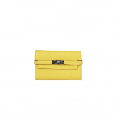 HERMES MEDIUM KELLY DEPLIANT WALLET JAUNE CITRON OSTRICH PALLADIUM HARDWARE (15*10*3cm)