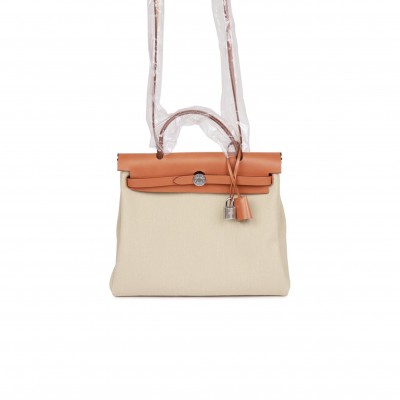 HERMES HERBAG ZIP PM 31 BETON TOILE H BERLINE VACHE NATUREL HUNTER PALLADIUM HARDWARE(30*27*11cm)