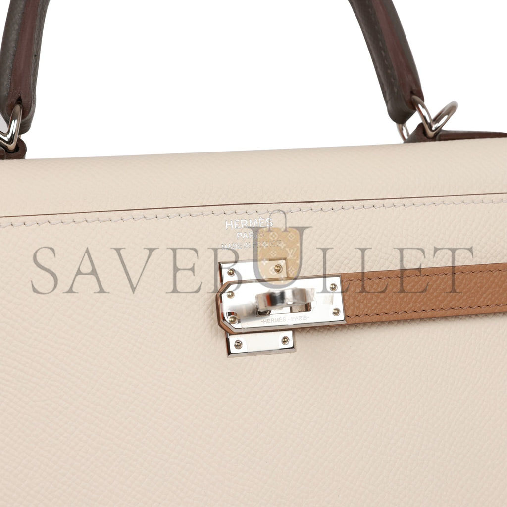 HERMES KELLY SELLIER 25 TRI-COLOR NATA, CHAI AND GRIS MEYER EPSOM PALLADIUM HARDWARE (25*17*7cm)