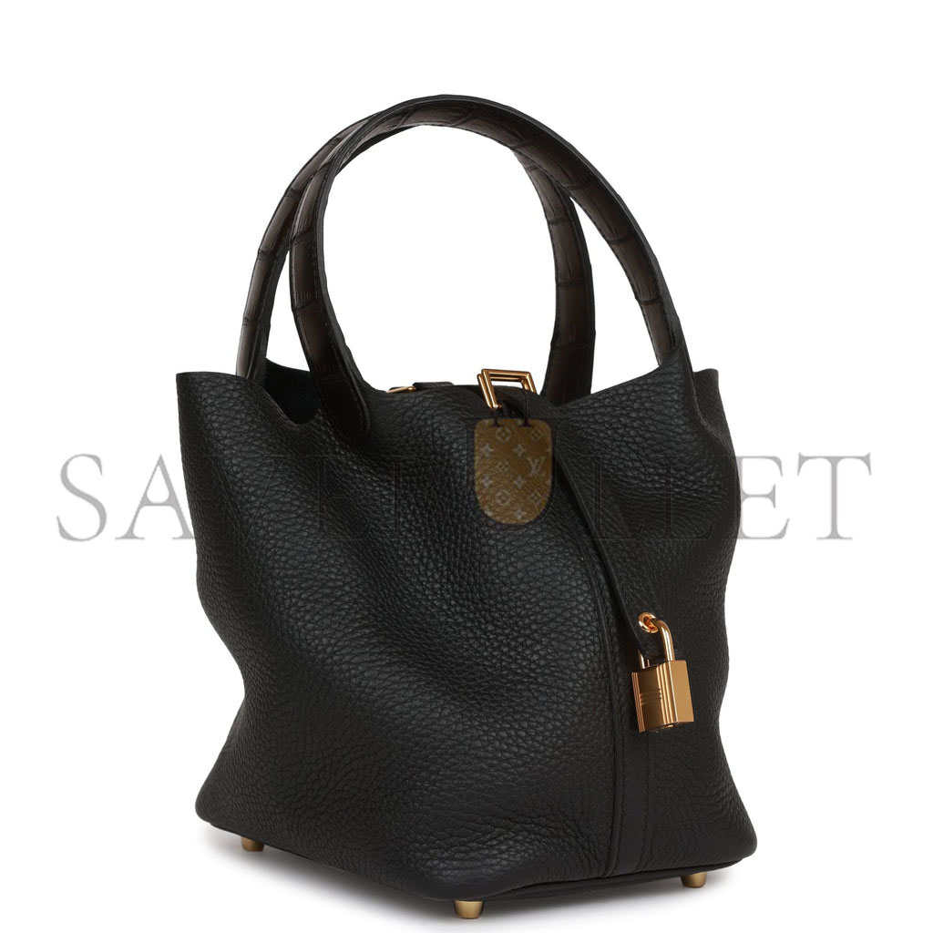HERMES PICOTIN LOCK 18 BLACK MATTE ALLIGATOR AND CLEMENCE TOUCH GOLD HARDWARE (18*13*18cm) HERMES PICOTIN LOCK 18 BLACK MATTE ALLIGATOR AND CLEMENCE TOUCH GOLD HARDWARE (18*13*18cm)