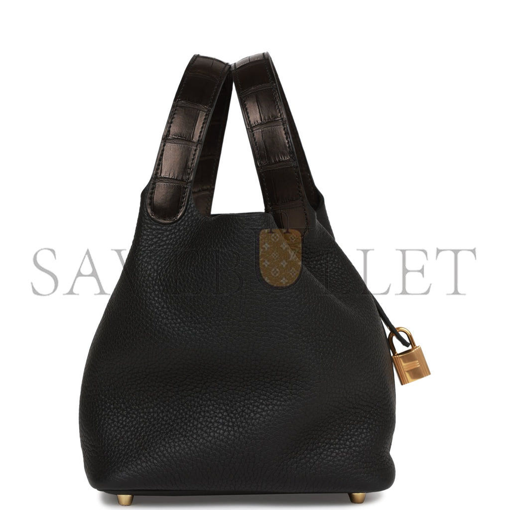 HERMES PICOTIN LOCK 18 BLACK MATTE ALLIGATOR AND CLEMENCE TOUCH GOLD HARDWARE (18*13*18cm) HERMES PICOTIN LOCK 18 BLACK MATTE ALLIGATOR AND CLEMENCE TOUCH GOLD HARDWARE (18*13*18cm)